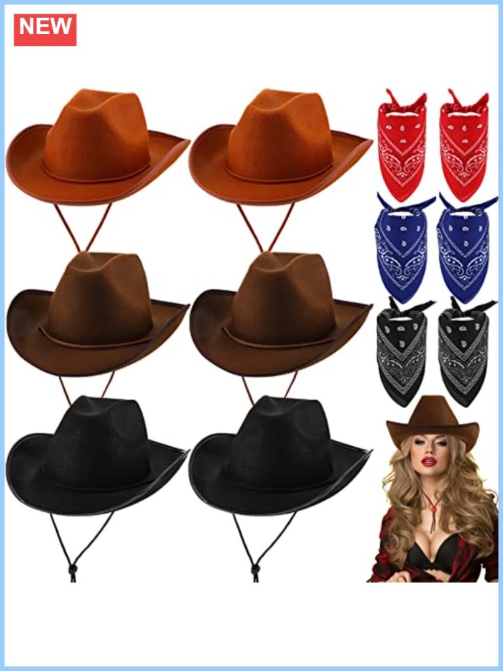 6 Cowboy Hats & 6 Paisley Bandanas Set Western Party Unisex